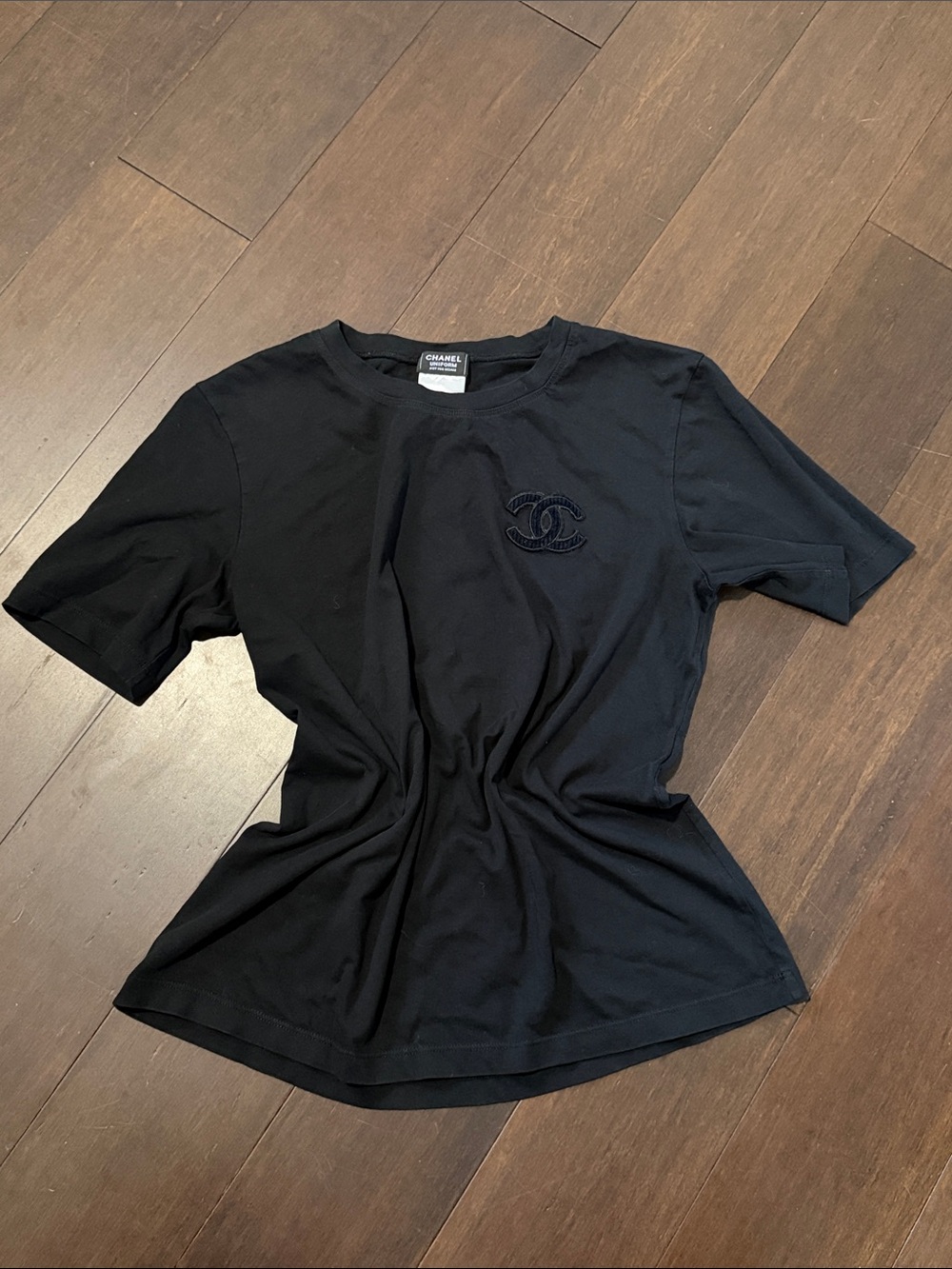 CHANEL Black Short Sleeve Logo Crewneck Top